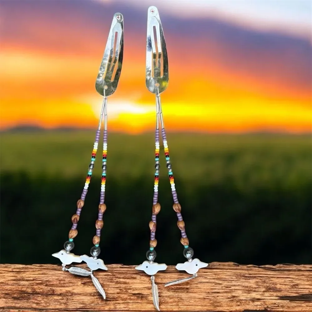 Two Native American Beaded Bird Dangle Snap Barrettes Hair New Mexico Western